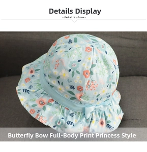 Detailed close-up of light blue floral print sun hat with bow and ruffled edge