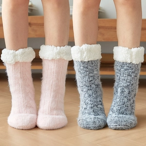Thick Knitted Floor Socks Sherpa Lined Non-slip Thermal Indoor Winter House Socks Soft Fluffy Warm