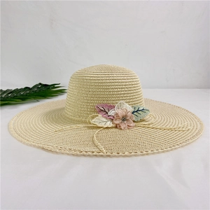 Summer wide brim straw hat with floral lace embroidery for elegant sun protection