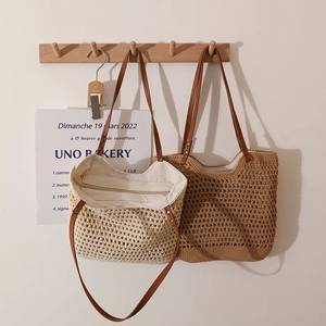 Hollow out woven shoulder bags in beige and brown cotton with PU leather straps