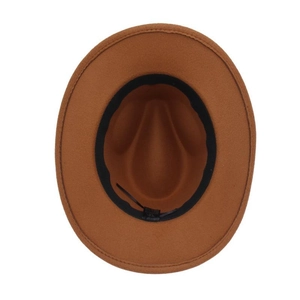Detail view of brown felt fedora interior with sweatband and adjustable drawstring