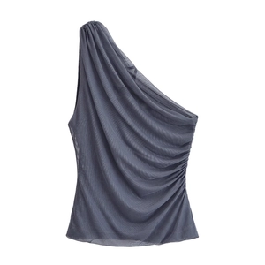 Elegant one-shoulder grey ruched mesh top with asymmetric design on a white background