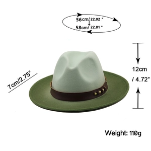 Detailed view of two-tone wool fedora hat with dimensions and leather band accent