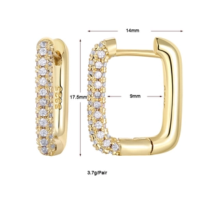 Detail view of gold earrings with zircon fringe, showing 17.5mm height and 14mm width dimensions