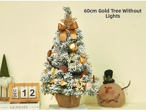 Close-up of a 60cm flocked Christmas tree with gold ornaments and burlap base