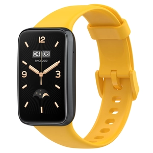 Detailed close-up of vibrant yellow silicone strap for Xiaomi Band 7 Pro with sleek dial