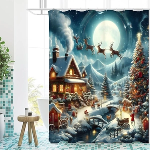 Christmas shower curtain with 3D winter snow village scene and reindeer in bathroom decor