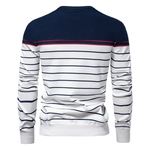 Men's navy and white striped crewneck knit sweater with subtle red stripe detail