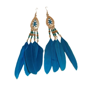 Bohemian feather drop earrings with gold filigree and blue beads for beach vacation