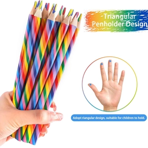 Rainbow colored pencils with triangular penholder and multicolor lead for drawing