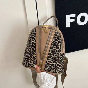 Mini Fashion Backpack For Women Leopard Print PU Leather Fabric Stitching Golden Zipper Casual Small Travel Shoulder Bag