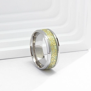Luminous stainless steel ring with golden Chinese dragon pattern on green band