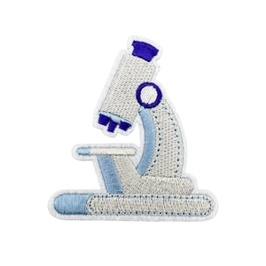 Cartoon microscope embroidered patch for children clothing with detailed blue and white stitching