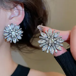 Rhinestone Flower Stud Earrings For Women Radiating Sunflower Design Alloy Jewelry With Steel Earring Post Elegant Luxury
