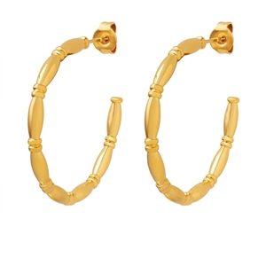 Polished 18k gold plated stainless steel C-shaped hoop earrings with bamboo segment design