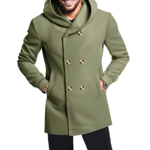 Detailed view of olive green hooded trench coat with double-breasted buttons and wool texture