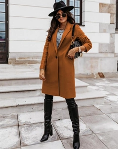 Detail of single-breasted brown wool coat with lapel collar styled on a street model