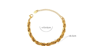 Detail view of gold chunky chain bracelet with 15+5cm length tag and CIX charm