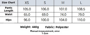 Detailed sizing chart for women's wool pants including waist, hip, and length measurements