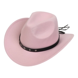 Pink felt cowboy hat with a black leather strap featuring silver star metal studs