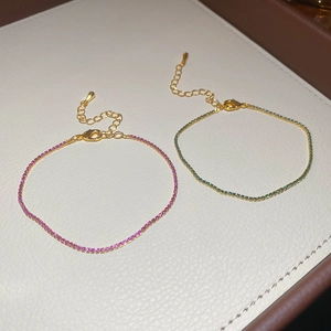 Sparkling square zircon tennis bracelet in gold plating with pink and green stones