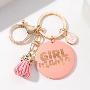 Handmade GIRL MAMA khaki wooden keychain with pink tassel and gold lobster clasp