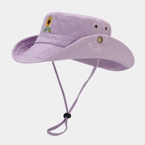 Detail of sunflower embroidery and adjustable windproof cord on purple outdoor sun hat
