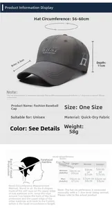 Guide des tailles pour casquette de baseball séchage rapide avec mesures détaillées