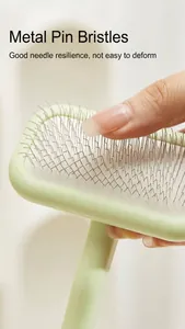 Dettaglio dei perni in acciaio flessibili su un pettine per animali verde chiaro