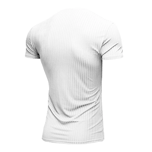 Close-up of men's white slim fit sports t-shirt with ribbed knit texture on the back side
