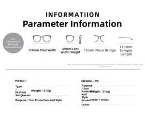 Detailed technical specifications and sizing chart for PC protective safety sunglasses