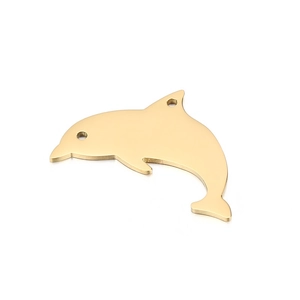 Macro detail of golden dolphin pendant showing polished surface and dual attachment holes