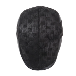 Men's winter baseball cap featuring grey checkered pattern and black leather panels