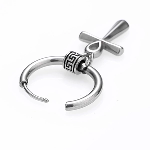 Vintage stainless steel huggie hoop earring with Ankh cross pendant and Greek key bead