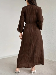 Elegant dark brown pleated maxi dress with V-neck, batwing sleeves and waist tie detail