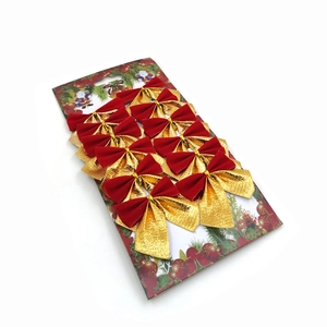 Set of 12 red velvet and gold metallic Christmas tree decoration bows on display card
