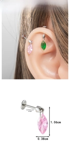 Detail showing 0.8mm labret post and marquise-cut pink zircon dangle earring size info