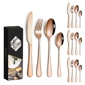 Detailed view of a 16-piece rose gold stainless steel cutlery set with black gift box