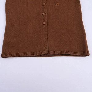 Coffee brown knit cardigan with classic round neck button design and ribbed hem detail