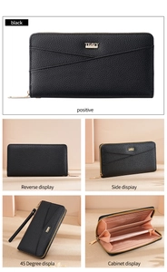 Detailed interior of black leather wallet showing pink compartments and card slots