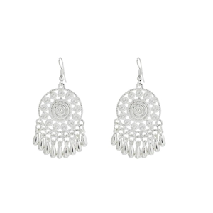 Detail of bohemian silver leaf fringe earrings with ethnic sun pattern and teardrop tassels