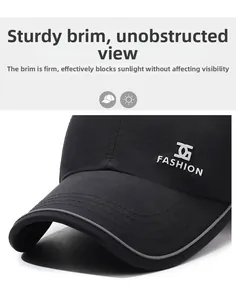 Detail of black quick-dry baseball cap featuring reflective brim and fashion logo