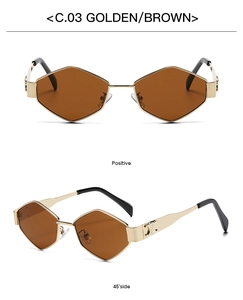 Detail of golden metal sunglasses with hexagonal brown lenses and embossed temple hinge