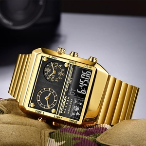 Gold dual display digital quartz sports watch with metal strap on camouflage fabric