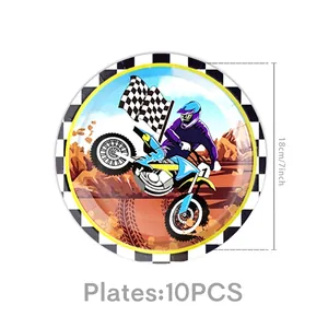 Detail of 7-inch motocross party paper plates with checkered flags, 10-piece pack