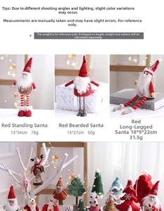 Detailed view of red and white plush Santa ornaments with specific size measurements