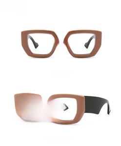 Front and 45-degree side views of retro chunky coffee and black mixed frame glasses