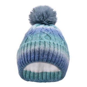 Detail of blue gradient knit beanie showing thick texture and soft grey faux fur pompom