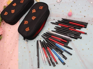 Close-up of cute embroidered bear canvas pencil cases and assorted gel pens on desk
