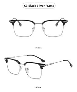 Vista frontale e laterale a 45 gradi di montature per occhiali semi-rimless nero e argento